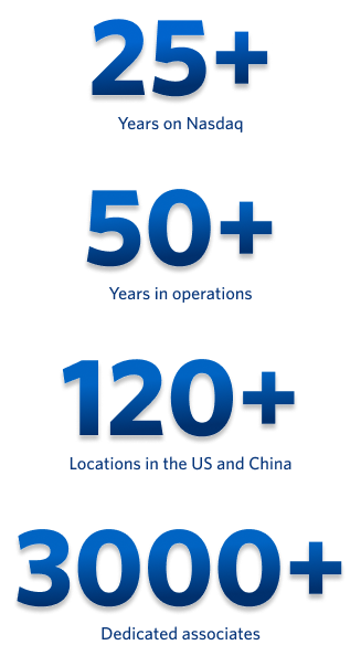 20 plus years on Nasdaq. 50 plus years in operations. 120 plus locations in the US and Asia. 3000 plus Dedicated associates.