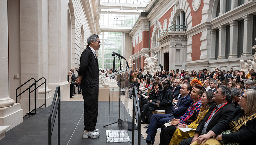 Kulapat Yantrasast delivering remarks at the press opening of The Michael C. Rockefeller Wing at The Met.