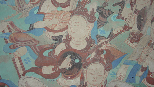 Detail with musical instruments Dunhuang Mogao Cave 85 from the Tang Dynasty