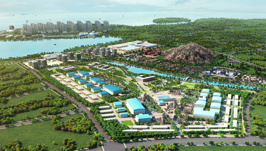 Aerial rendition of Wanda Studios Qingdao